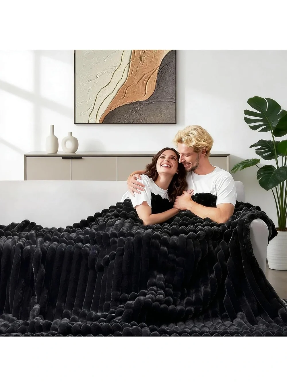 Faux Fur Throw Blanket queen size for bedroom 90*90” plush blanket